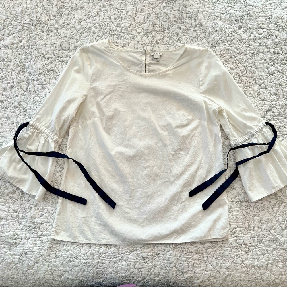 J. Crew White 100% Cotton Blouse w/Black Ribbon Ties on Flared Sleeves Cottage
